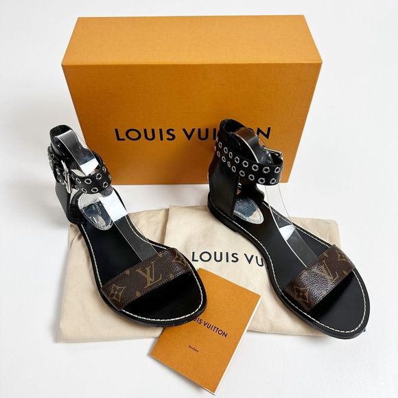 Louis Vuitton Shoes - LOUIS VUITTON Ocean Drive Flat Sandals 40 US 9.5 Black Brown Monogram Leather